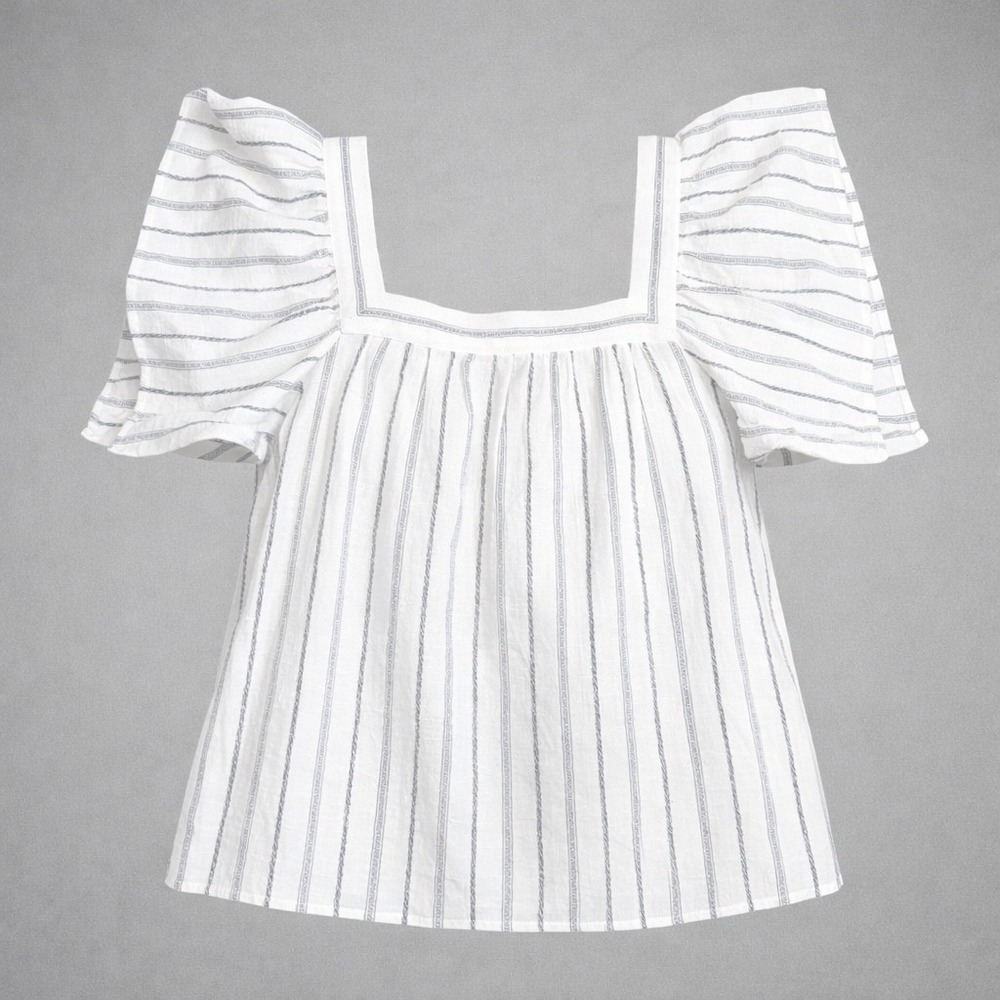 Vince Camuto Womens Striped Flutter Sleeve Square‎ Neck Metallic Blouse White M